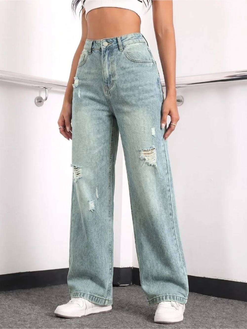 Women's Hole Lght Blue Denim Y2k Straight Leg Button Zip High Waisted Baggy Jean
